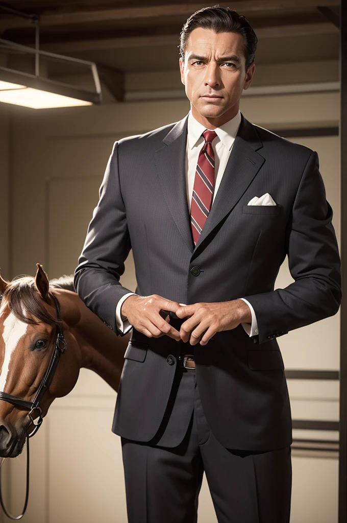 Creates the image of a realistic businessman involved in breeding Quarter Horses in the 1960s