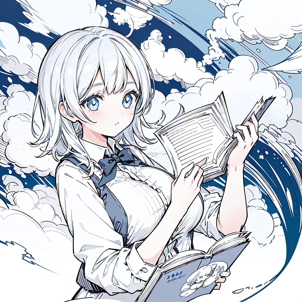 A girl,close up, wearing white shirt, reading a book, (best quality:1.3), (highres:1), (detailed:1.3), (incredible:1.3), (perfect:1.3), (perfection:1.3), (illustration:1.3), she's getting fun while reading it, dynamic on scene,Big Breasts