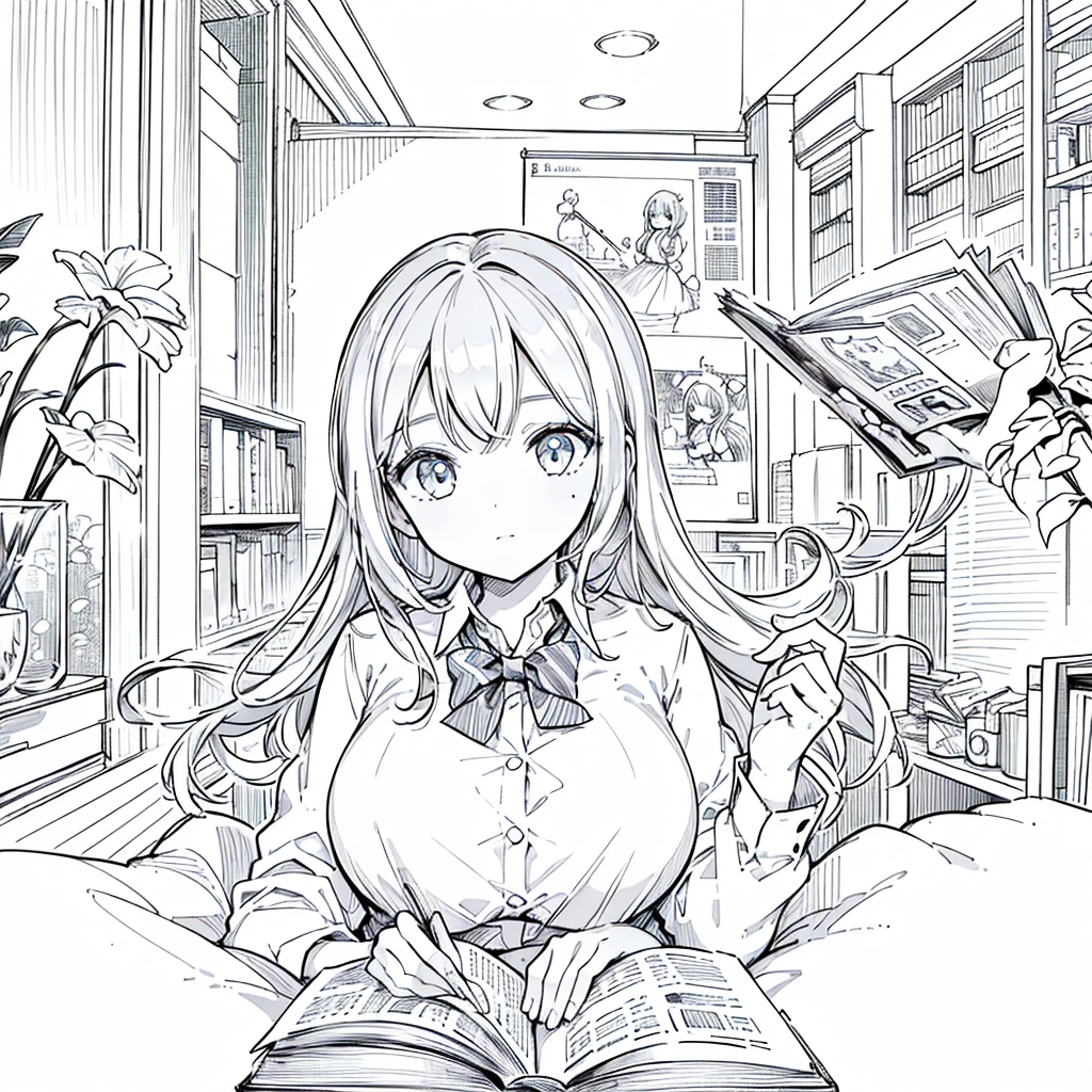 A girl,close up, wearing white shirt, reading a book, (best quality:1.3), (highres:1), (detailed:1.3), (incredible:1.3), (perfect:1.3), (perfection:1.3), (illustration:1.3), she's getting fun while reading it, dynamic on scene,Big 