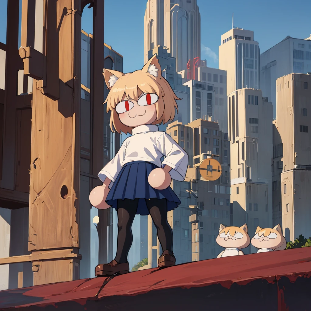 (masterpiece, best quality:1.2),  necoarc, slit pupils, cat ears, blonde hair, red eyes, chibi, 1boy, solo, white turtleneck, blue skirt, pleated skirt, brown footwear, pantyhose, outdoors, highlight thighs, :3, landscape