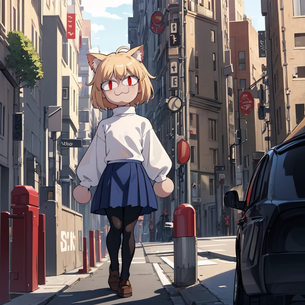 (masterpiece, best quality:1.2),  necoarc, slit pupils, cat ears, blonde hair, red eyes, chibi, 1boy, solo, white turtleneck, blue skirt, pleated skirt, brown footwear, pantyhose, outdoors, highlight thighs, :3, landscape