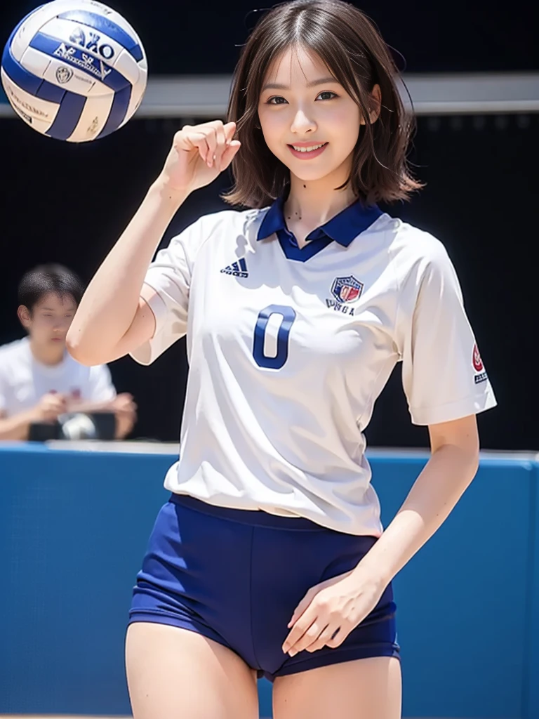 Glossy thighs、(8K、top-quality、masterpiece:1.2)、(realisitic、Photorealsitic:1.37)、ultra-detailliert、top-quality、超A high resolution、professionally lit、Photon mapping、Radio City、physically-based renderingt、Cinematic lighting、depth of fields,Focusing,Sun'rays,Good composition,,(((1 girl of 12 years))),Double eyes、(((white Volleyball uniform 、Dark blue high-leg low-rise bloomers)))、Gymnasium、A big smile、Gymnasium Court, (Tween model, 12 year old girl, young)), Ethereal beautiful, slim, very beautiful short hair,Colossal tits、 Toned abs, short cut hair、Soft light, ((David Hamilton Style)),