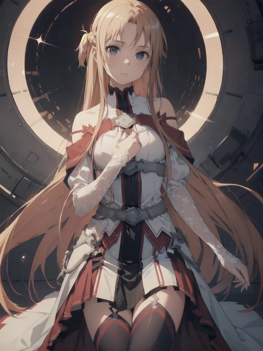 (best quality, highres:1.2), 1girl, Asuna Yuuki, beautiful detailed eyes with slit pupils, beautiful detailed lips, exceptionally detailed eyes and face with freckles, long straight hair with bangs, full-color hair gradient, VR helmet, white and blue , sitting on a futuristic mechanical chair, arms crossed, facing the viewer, slightly sweaty, half-body picture, appearing in full frame, high level of detail description, action-packed wallpaper, gaming environment, virtual reality, swords, fighting, playful expression, high-contrast lighting, vibrant colors, dramatic composition, creates a sense of action and adventure, background featuring a crowded