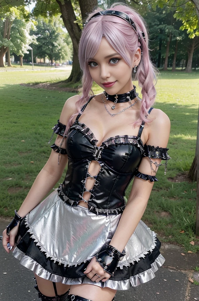 sexy stylish Swedish model, only 1 female, ((doll-like appearance)), very short neon pink stylish hair, ((shiny Punk-Style boots)), (happy smile), ultra detailed eyes, long lashes, metallic makeup, lip-gloss, ((sexy Punk ****ta cosplay)), unconventional skirt, petticoats, high neckline, ((ultra detailed lace)), ((ultra detailed embroidery)), intricate details, tartan patterns, (silver chains), (silver spikes), Punk ****ta accessoires, Punk ****ta choker, ((large sparkling Punk ****ta jewelry)), cinematic light, detailed large park background with trees