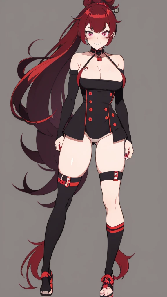 high tail hairstyle, Ponytail hairstyle, Long wavy black hair, standing posing, anime girl style, pixel art anime style,penetrating look with deep eyes,red and purple eyes, hair with a ponytail hairstyle trapped with a big red bun, Women, red hair clips, x color shaped hair clips , smiling face blush, 