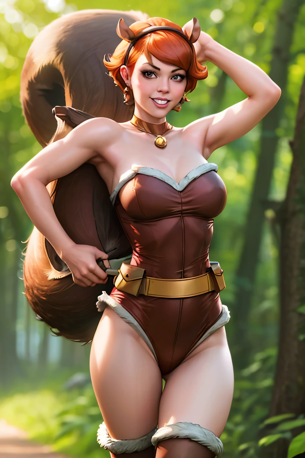 artgerm, 1 girl, armpit crease, bared shoulders, squirrel, brown swimwear, leg furry gaiter, russet hair, squirrel ears, smile with rodent teeth, blurry, blurry background, squirrel tail brown, soft fur, breasts big, neckleace, clavicle, lips, short hair above the shoulders, jovial woman, parted lips, realisitic, standing alone, strapless, doreen green, squirrel girl, thighs exposed, brown utility belt