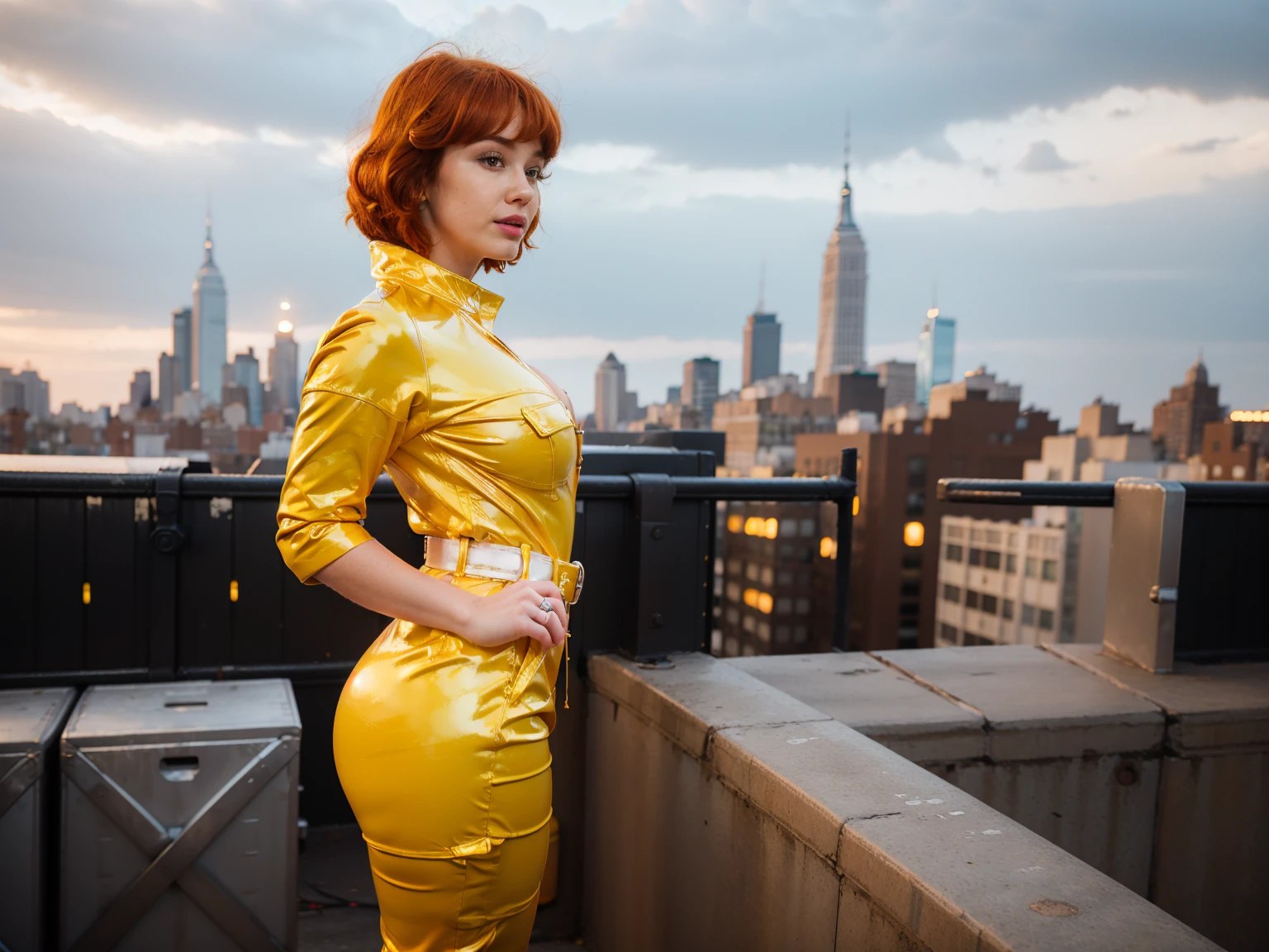 (masterpiece), (best quality), (solo character), (large breasts), (photorealistic:1.4), (chr1sh3n wearing white belt), (apriloneil costume, jumpsuit), (yellow latex jumpsuit), (apriloneil hairstyle), (apriloneil white belt), (apriloneil boots), (aprilonei wearing watch), (epiCRealLife), (lora:epiCFlashPhoto), (red hair), (red lipstick), (brown eyes), (young woman), (flashphoto), (at night), (new york city view), (garden rooftop), (outdoor),(standing), (different poses), (look at viewers), (from side)