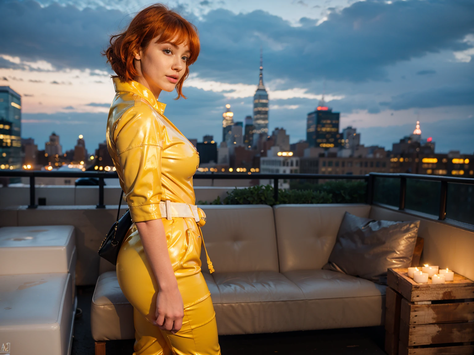 (masterpiece), (best quality), (solo character), (large breasts), (photorealistic:1.4), (chr1sh3n wearing white belt), (apriloneil costume, jumpsuit), (yellow latex jumpsuit), (apriloneil hairstyle), (apriloneil white belt), (apriloneil boots), (aprilonei wearing watch), (epiCRealLife), (lora:epiCFlashPhoto), (red hair), (red lipstick), (brown eyes), (young woman), (flashphoto), (at night), (new york city view), (garden rooftop), (outdoor),(standing), (different poses), (look at viewers), (from side)