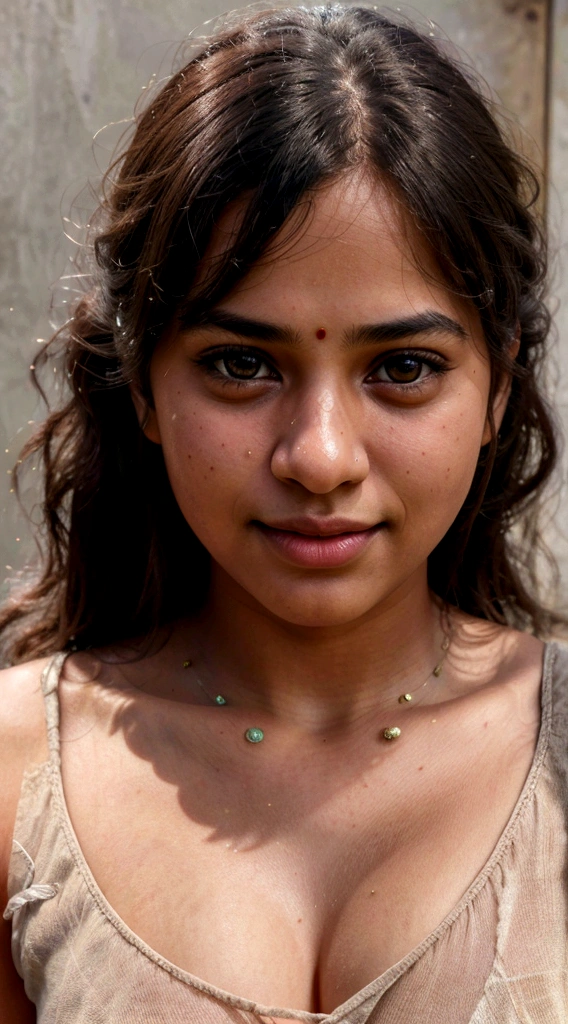 A 15-year-old indian girl with white fair skin visible from the hips up. She is wearing a casual green tank top and snug jean shorts. Her short brown hair is tied back with a hairband or ribbon, and she has large, expressive eyes (brown or black). Close up