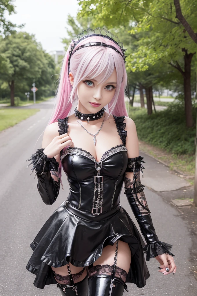 sexy stylish Swedish model, only 1 female, ((doll-like appearance)), very short neon pink stylish hair, ((shiny Punk-Style boots)), (happy smile), ultra detailed eyes, long lashes, metallic makeup, lip-gloss, ((sexy Punk ta cosplay)), unconventional skirt, petticoats, high neckline, ((ultra detailed lace)), ((ultra detailed embroidery)), intricate details, tartan patterns, (silver chains), (silver spikes), Punk Loliccessoires, Punk Lolita cr, ((large sparkling Punk Lolita jewel, cinematic light, detailed large park background with trees