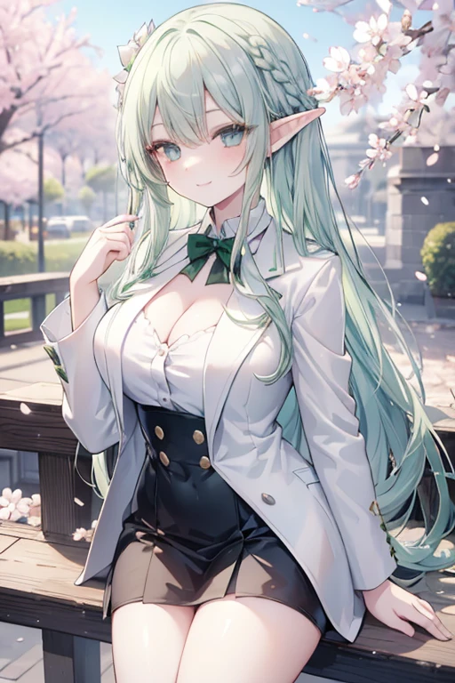 young girl, green silver hair, green blue eyes,beautiful and detailed eyes, big breasts, long hair,elf,european braid hairstyles, happy smile, black shirt,white blazer, black mini skirt, (cherry blossom garden )