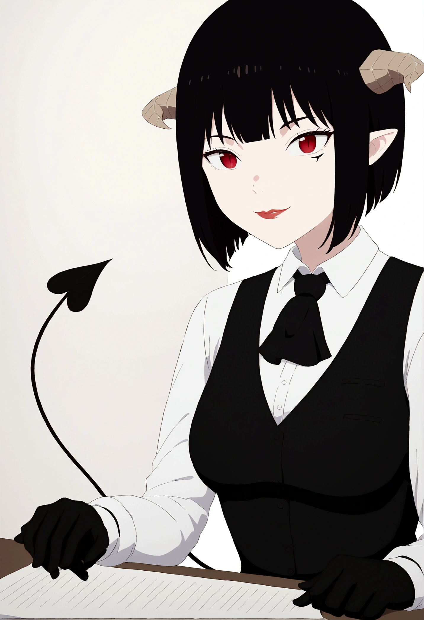 work of art, best qualityer, high resolution, 1girl horns short hair demon tail, white shirt black ascot black gloves black pants black vest , sheet, mao nos lips,beautiful smile,shining eyes,desk,low lighting