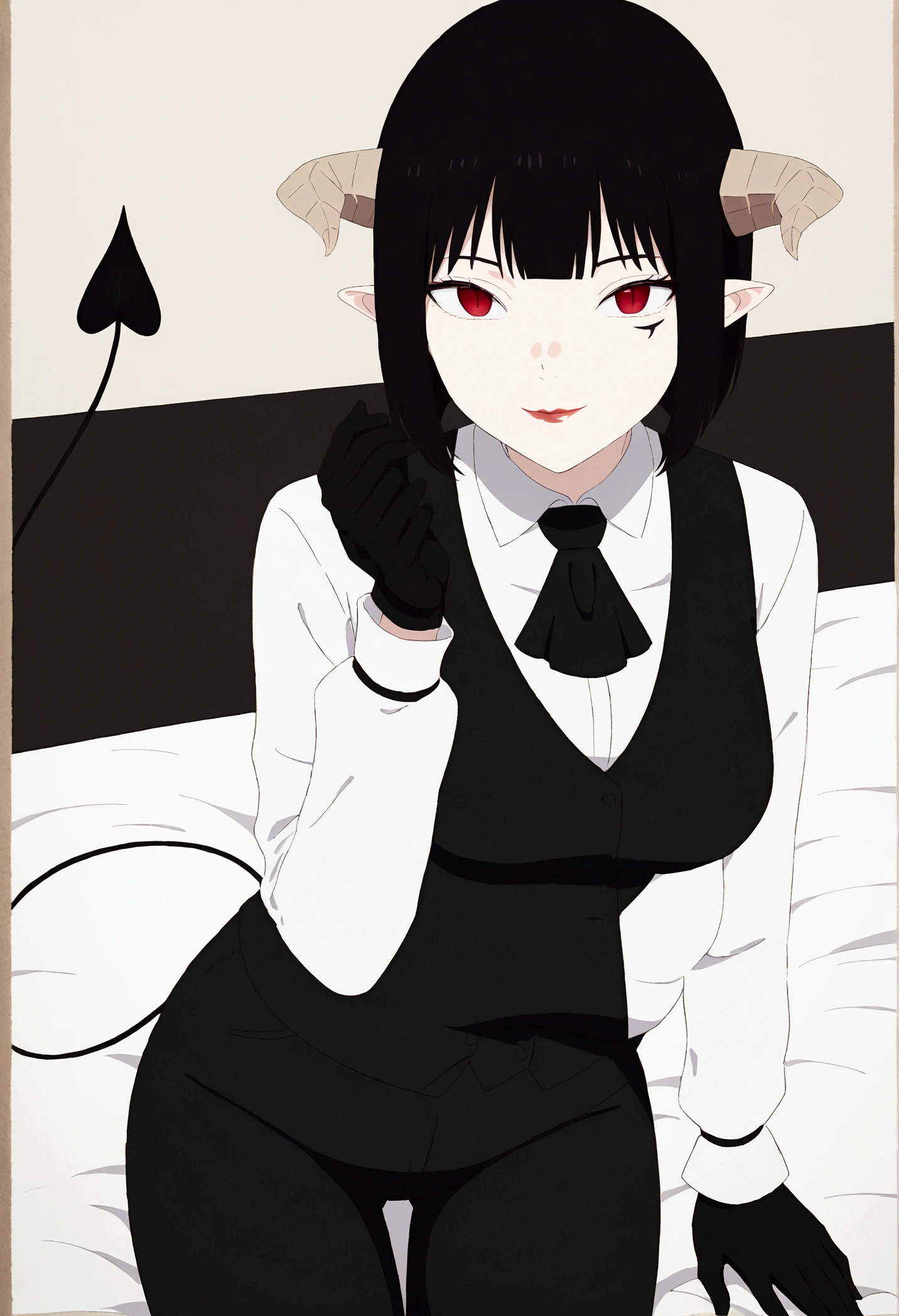 work of art, best qualityer, high resolution, 1girl horns short hair demon tail, white shirt black ascot black gloves black pants black vest , sheet, mao nos lips,beautiful smile,shining eyes,desk,low lighting
