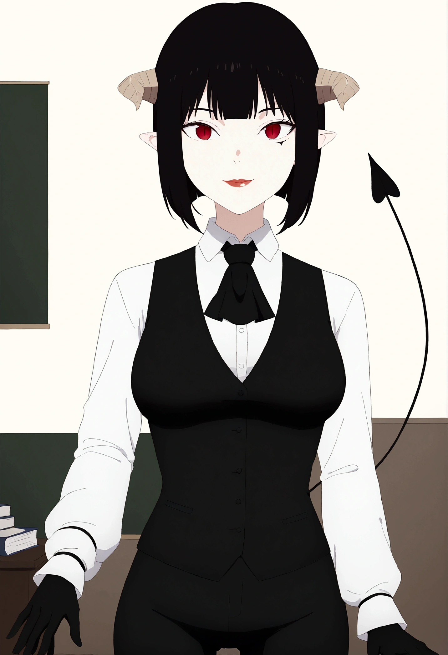 work of art, best qualityer, high resolution, 1girl horns short hair demon tail, white shirt black ascot black gloves black pants black vest , sheet, mao nos lips,beautiful smile,shining eyes,desk,low lighting