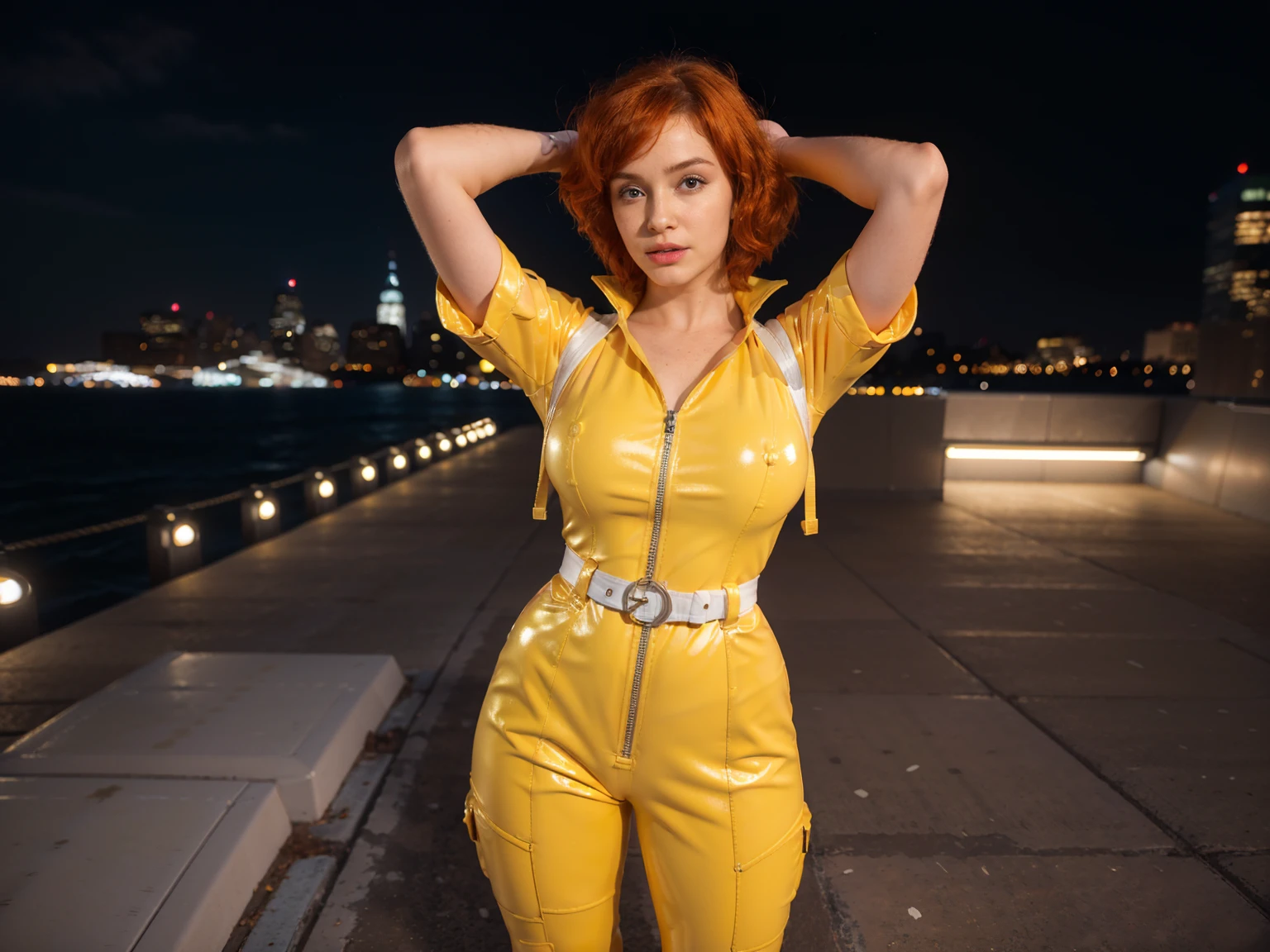 (masterpiece), (best quality), (solo character), (large breasts), (photorealistic:1.4), (chr1sh3n wearing white belt), (apriloneil costume, jumpsuit), (yellow latex jumpsuit), (apriloneil hairstyle), (apriloneil white belt), (apriloneil boots), (aprilonei wearing watch), (epiCRealLife), (lora:epiCFlashPhoto), (red hair), (red lipstick), (brown eyes), (young woman), (flashphoto), (at night), (new york city view), (garden rooftop), (outdoor),(standing), (different poses), (look at viewers),