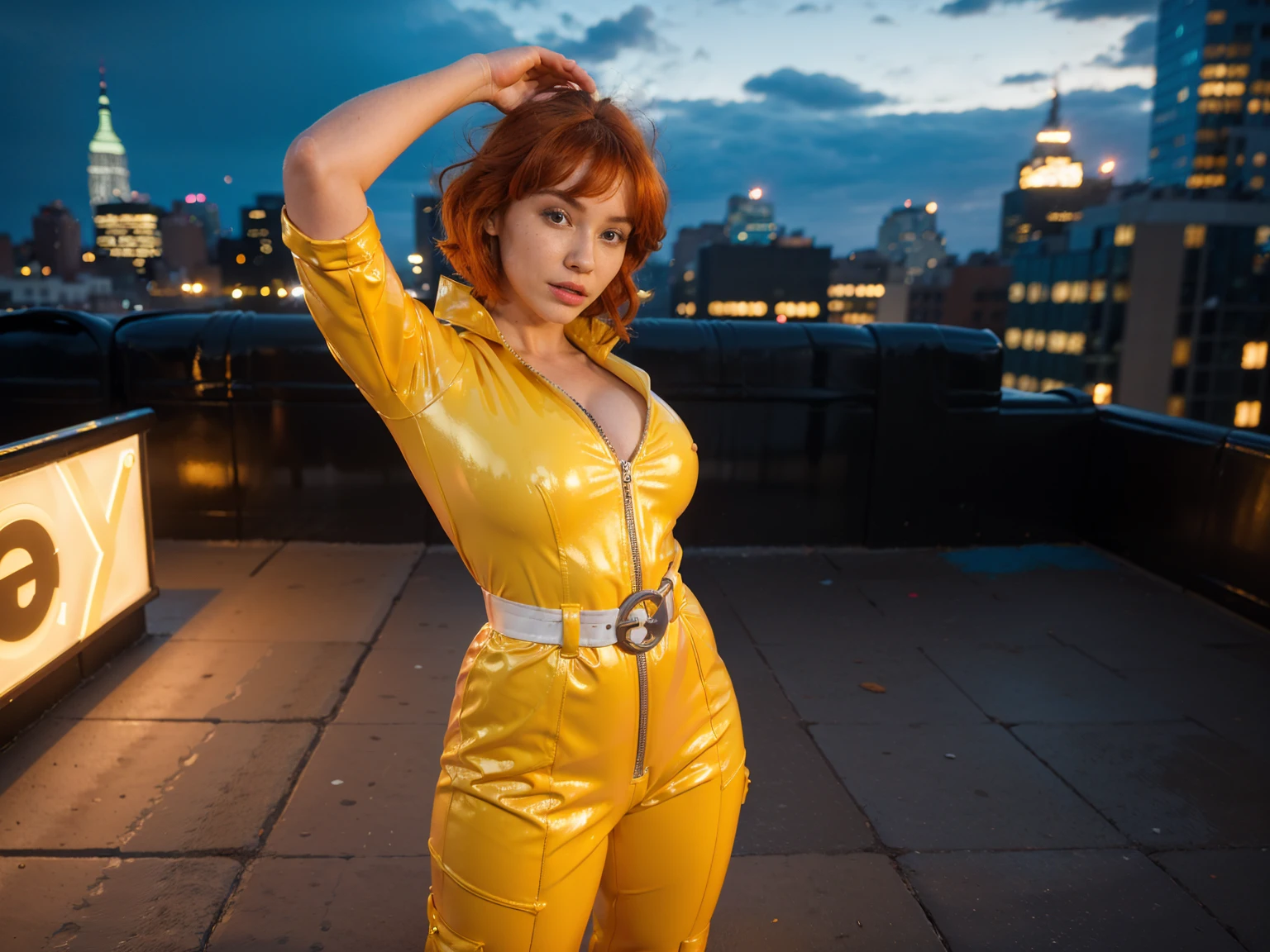 (masterpiece), (best quality), (solo character), (large breasts), (photorealistic:1.4), (chr1sh3n wearing white belt), (apriloneil costume, jumpsuit), (yellow latex jumpsuit), (apriloneil hairstyle), (apriloneil white belt), (apriloneil boots), (aprilonei wearing watch), (epiCRealLife), (lora:epiCFlashPhoto), (red hair), (red lipstick), (brown eyes), (young woman), (flashphoto), (at night), (new york city view), (garden rooftop), (outdoor),(standing), (different poses), (look at viewers),