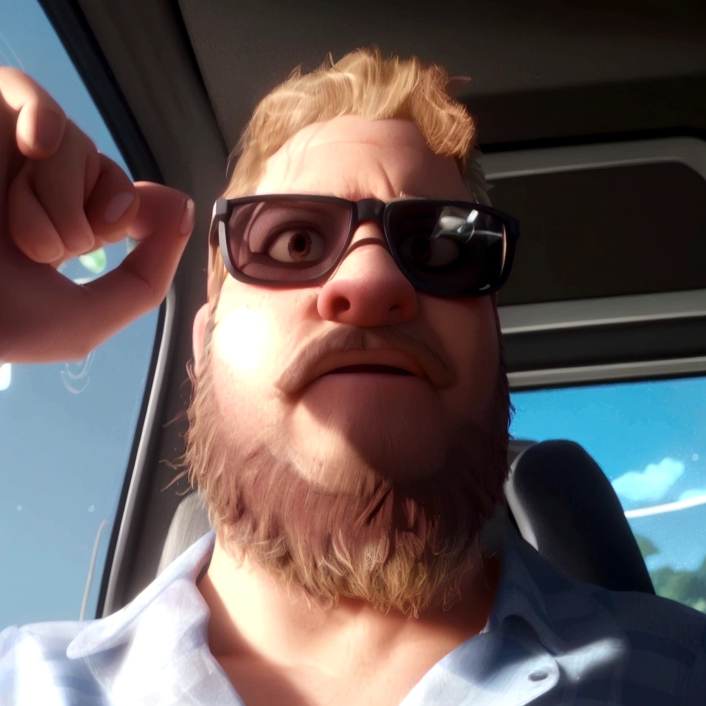 Cartoon character of a man in sunglasses and blue shirt, animation character, blondie hair, dark beard, stylized character, animation style rendering, 3d stylized, Arnold Maya rendering, Stylized 3D rendering, toon render screenshot, 3d character, 3d character, Stylized 3D rendering, 3D character rendering, cartoon character, Personagem de close up, character posing, (Pixar-style) (master part:1.2) (bokeh) (best qualityer) (skin detailed) (detailed texture) (8K) (Argilla) (cinematic lighting) (sharp focus