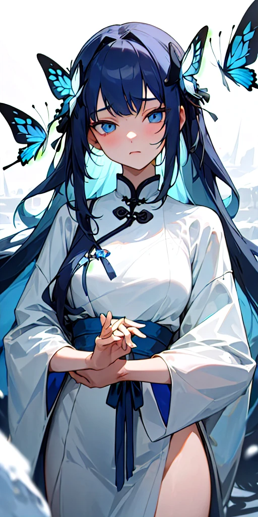 (masterpiece, best quality) 1girl of 20 years old with blue long hair, crystal eyes wearing an white Chinese dress having a emotionless face surrounded by snow having a butterfly ribbon