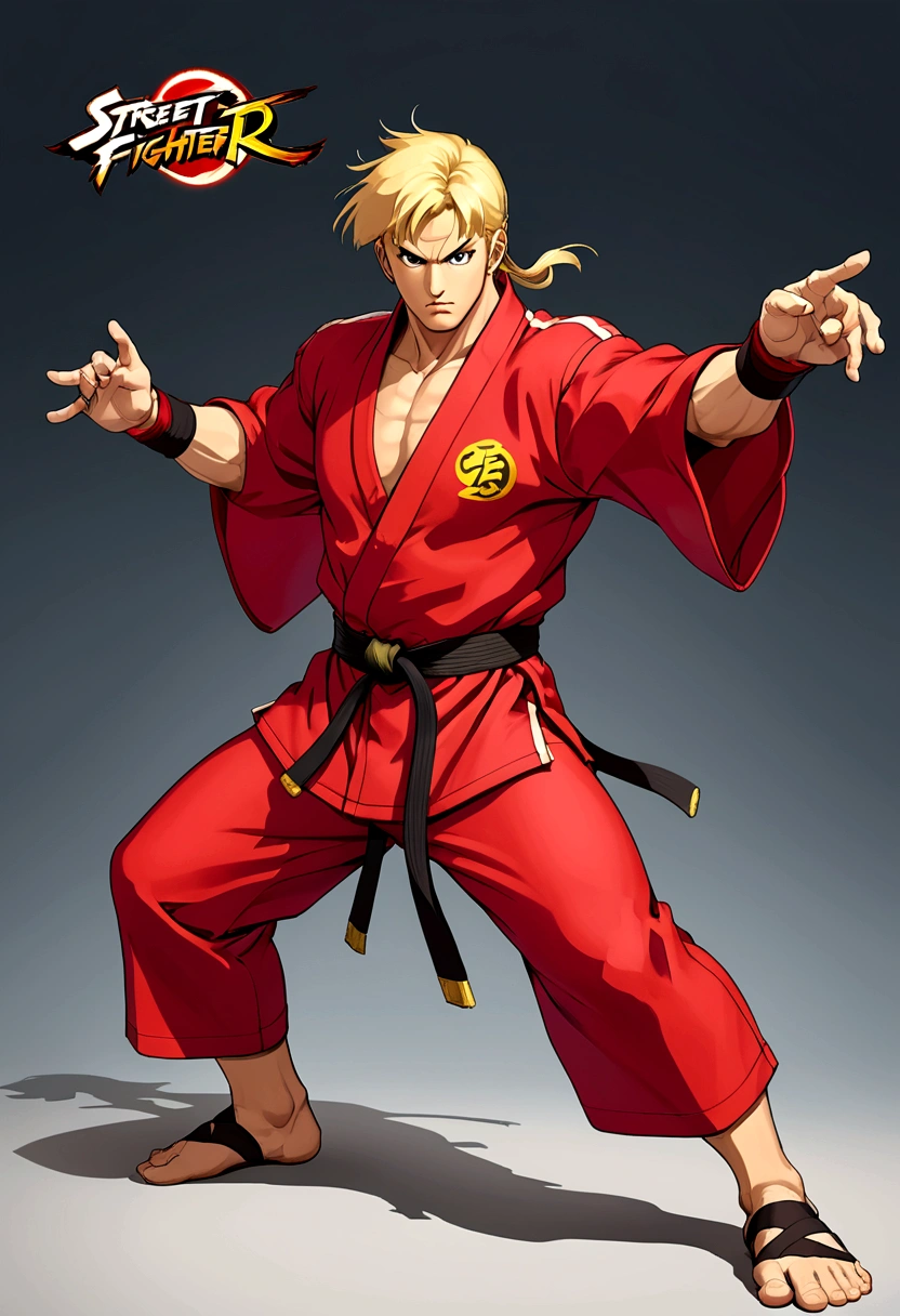 Create a full-body image of Ken from Street Fighter wearing his iconic red kimono, facing forward. The belt of his kimono should already have the name 'Tawkedow' clearly written on it. The background should be simple, highlighting Ken in a dynamic and powerful pose, ready for battle. His blonde hair should be clearly visible, and his expression should be intense and focused.