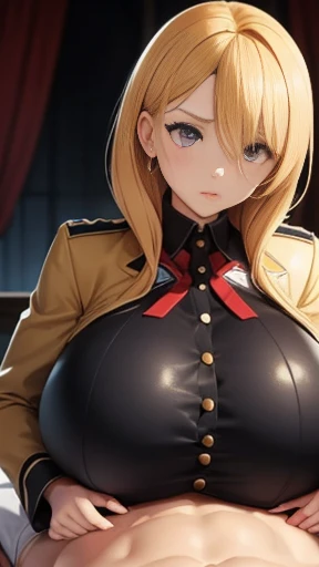 A girl who wears military clothes, brown heirs, gigantic breasts, anime cartoon, german third reich, long heirs,((highest quality)), ((masterpiece)),details, bleu eyes