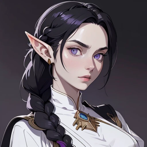 (masterpiece), (best quality),(portrait),(bust up),1girl,solo,(sharp focus),(look at viewer),elf, (white skin),(black hair),(elf wizard),purple eyes,(braid),(ancient:1),ancient luxurious long clothes,old school fantasy art,((simple background)),super shiny face