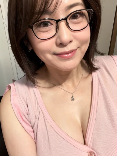 ((japanese mature)), ((60 years old:1.4)), ((old woman:1.3)), Japan mature wife, NSFW, 1 girl, ((small breasts)), ((flat chest)), ((saggy breasts)), Japanese style room, short hair, ((Frame glasses)), ((red lipstick)), sexy pose, smile, Navy blue tight skirt,