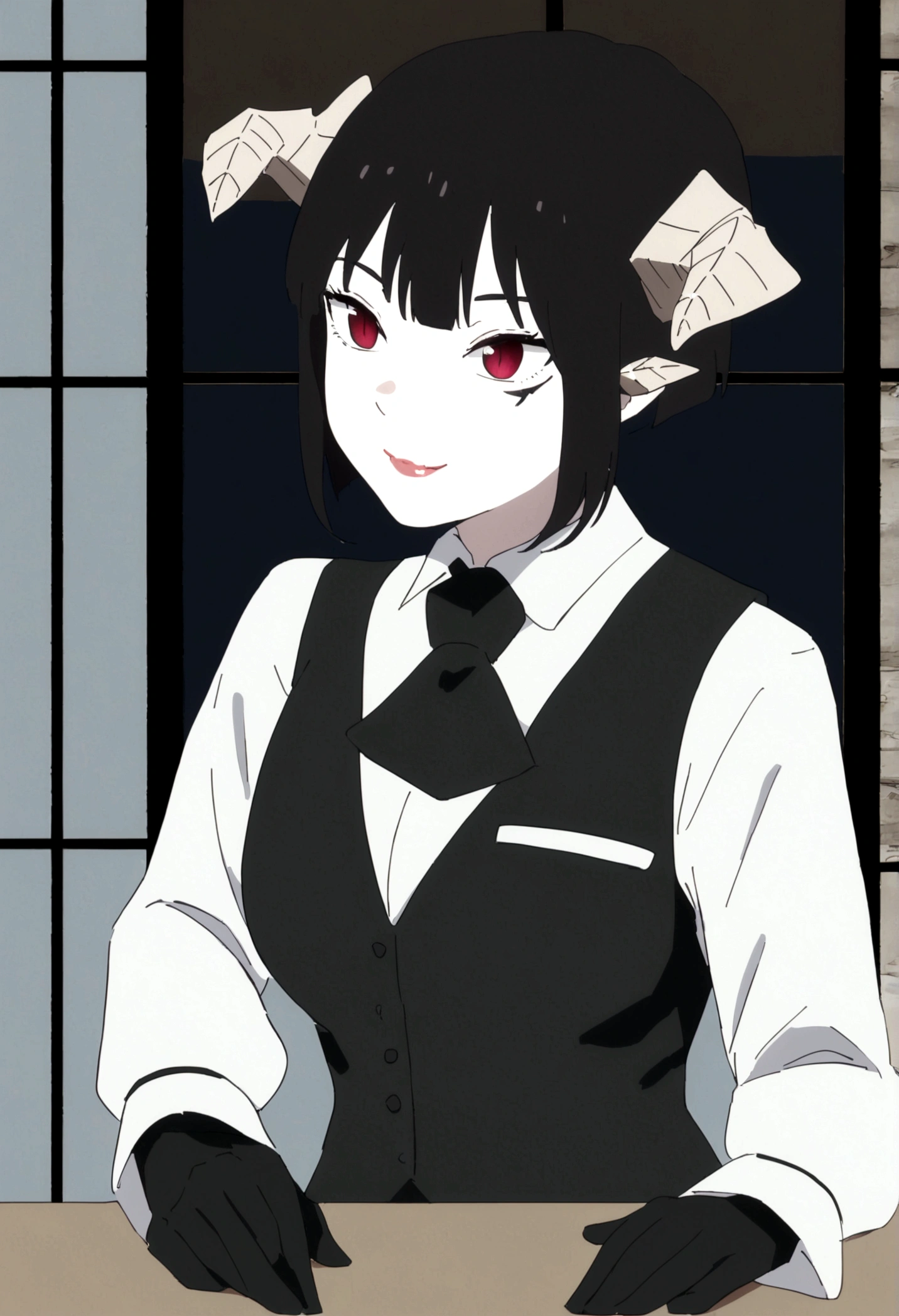 work of art, best qualityer, high resolution, 1girl horns short hair demon tail, white shirt black ascot black gloves black pants black vest , sheet, mao nos lips,beautiful smile,shining eyes,desk,low lighting