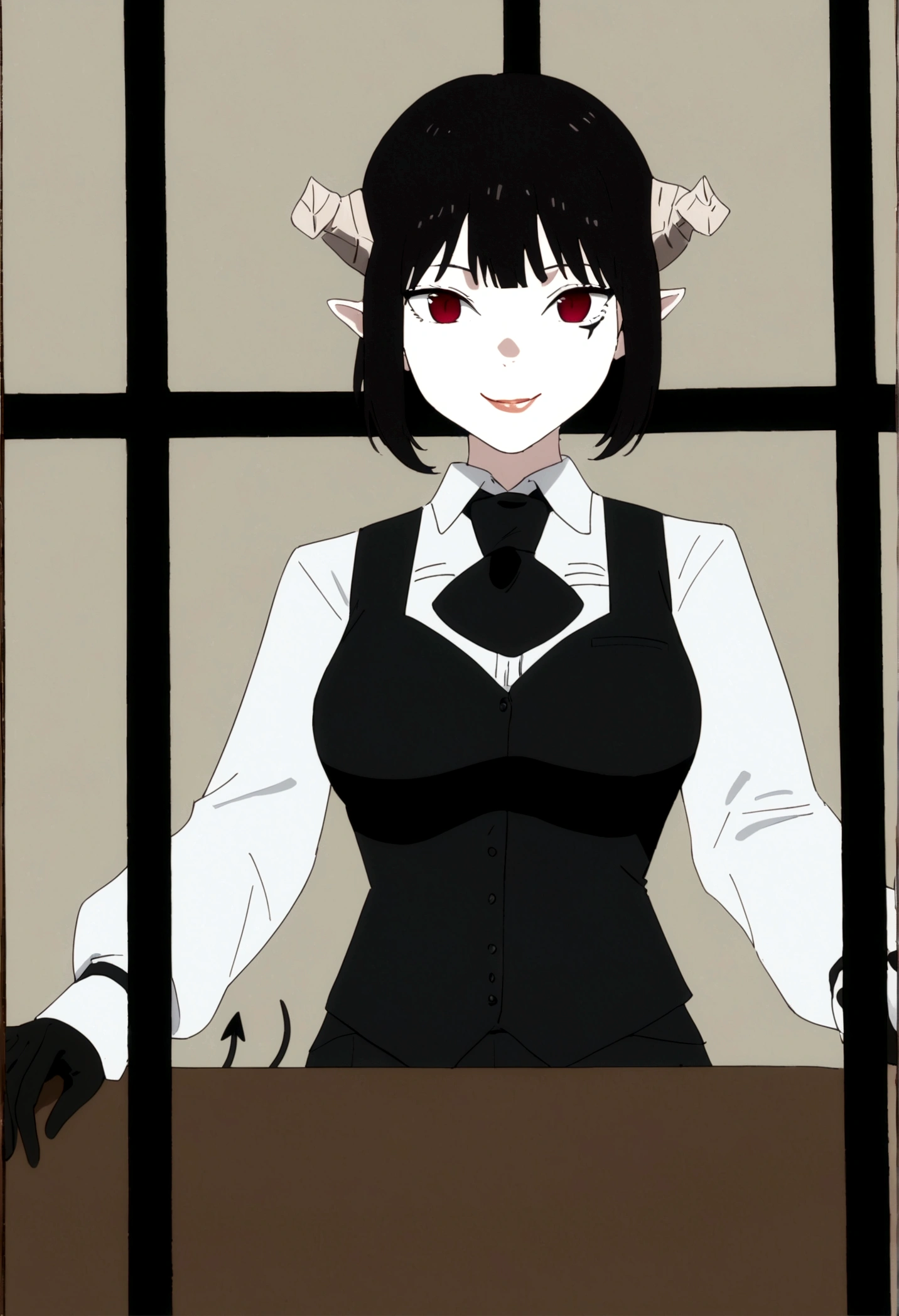 work of art, best qualityer, high resolution, 1girl horns short hair demon tail, white shirt black ascot black gloves black pants black vest , sheet, mao nos lips,beautiful smile,shining eyes,desk,low lighting
