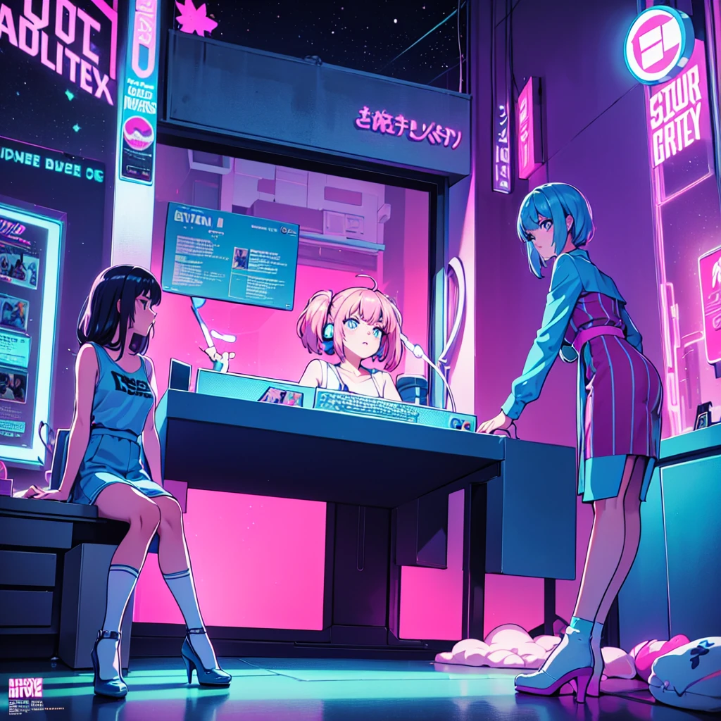 (masterpiece), Highest quality, Expressive eyes, Neon pastel aesthetics, Retro 90s, Neon color,((Girl sitting on sofa,In a cozy room,Records hanging on her wall, Comic books on the floor, Looking out the window behind her at the night city, Upholstered room, Anime figures lined up on a shelf)), Wearing headphones, (All around her it sparkles), (Wearing high socks and heels), (blue eyes), (Soft look), (Synthwave Art Style), Colorful Hair, Desk with PC set up