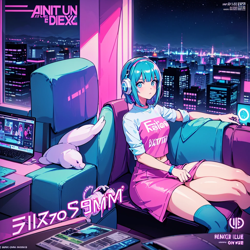 (masterpiece), Highest quality, Expressive eyes, Neon pastel aesthetics, Retro 90s, Neon color,((Girl sitting on sofa,In a cozy room,Records hanging on her wall, Comic books on the floor, Looking out the window behind her at the night city, Upholstered room, Anime figures lined up on a shelf)), Wearing headphones, (All around her it sparkles), (wearing thick colorful sneakers), (blue eyes), (Soft look), (Synthwave Art Style), Colorful Hair, Desk with PC set up