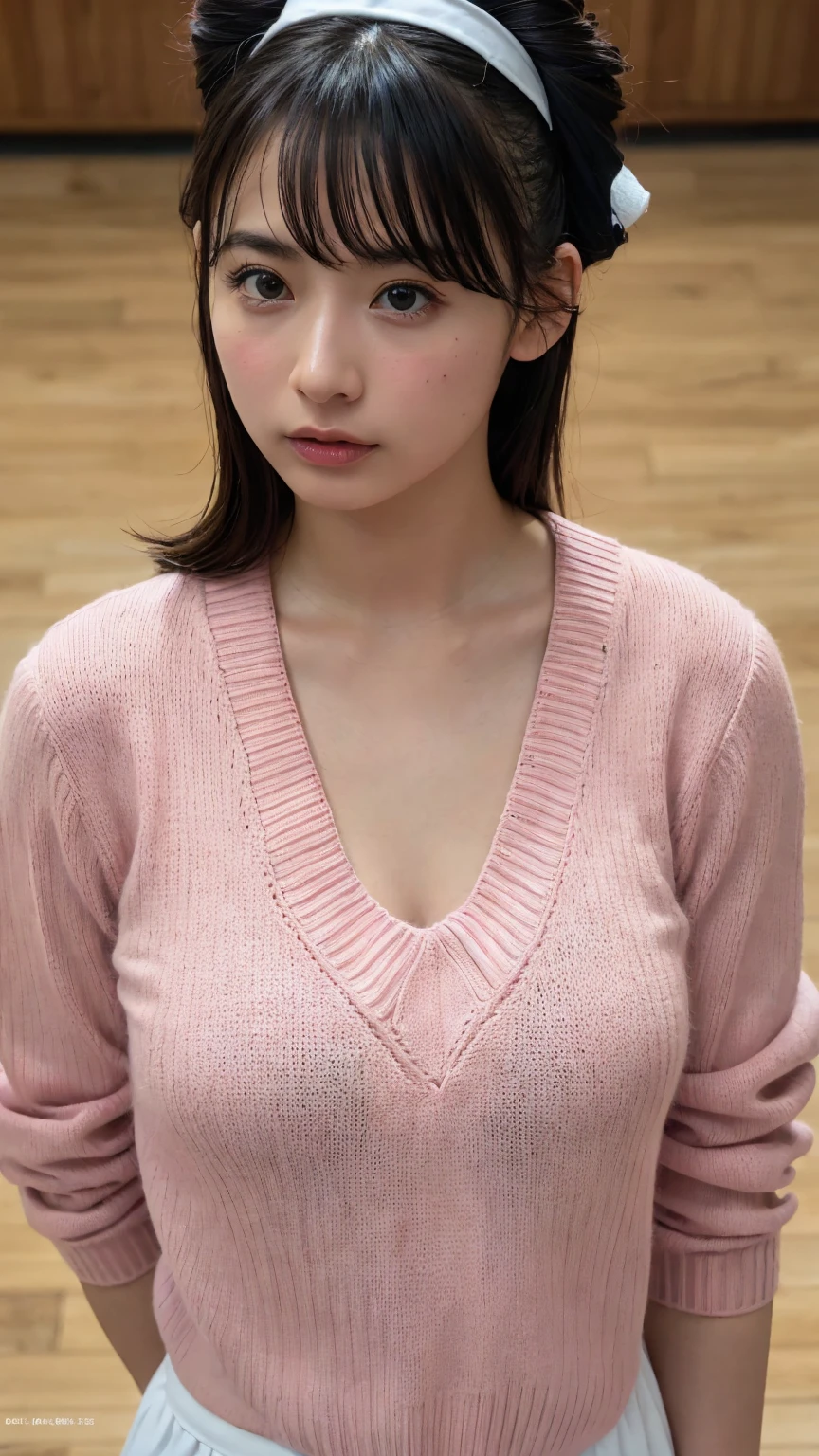 (8K, RAW Photos,highest quality, High resolution:1.1), (Ultra-realistic:1.4),(Realistic, Realistic:1.3),The Beauty of Japan、Rhythmic gymnastics club、Rhythmic Gymnastics Uniform、((Upper Body:1.3)),Maid Cafe、((Maid:1.3)),(Pink knitted sweater:1.3),Looking up、Shot from above、