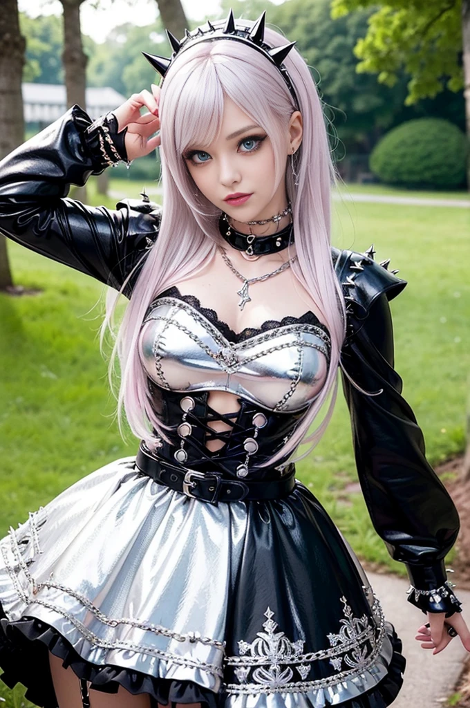 sexy stylish Swedish model, only 1 female, ((doll-like appearance)), very short neon pink stylish hair, ((shiny Punk-Style boots)), (happy smile), ultra detailed eyes, long lashes, metallic makeup, lip-gloss, ((sexy Punk Lolita cosplay)), unconventional skirt, petticoats, high neckline, ((ultra detailed lace)), ((ultra detailed embroidery)), intricate details, tartan patterns, (silver chains), (silver spikes), Punk Lolita accessoires, Punk Lolita choker, ((large sparkling Punk Lolita jewelry)), cinematic light, detailed large park background with trees