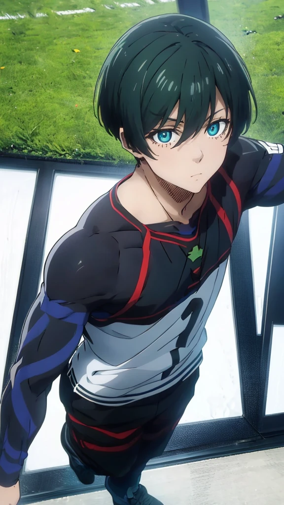 A man, green hair, green eyes, Rin Itoshi, from blue lock, full body, anime, handsome, white background, Indonesian high school clothes