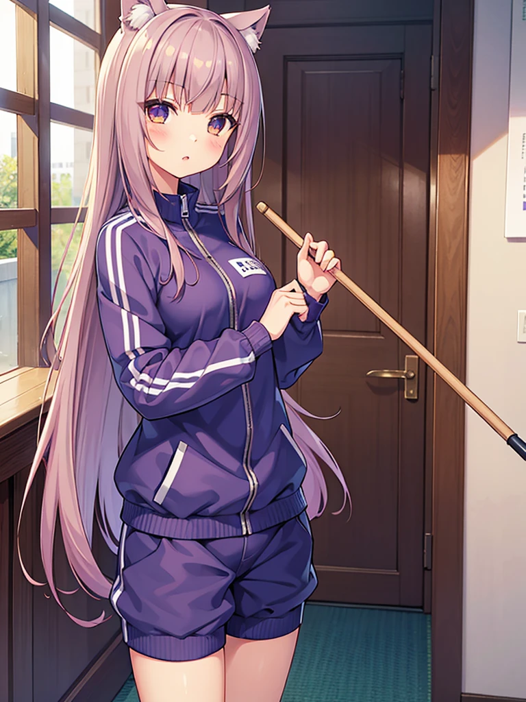 1girl, azuki (nekopara), wearing violet's 2005 blue tracksuit, high res, holding a stick of gum, inventing room, ultrasharp, 8K