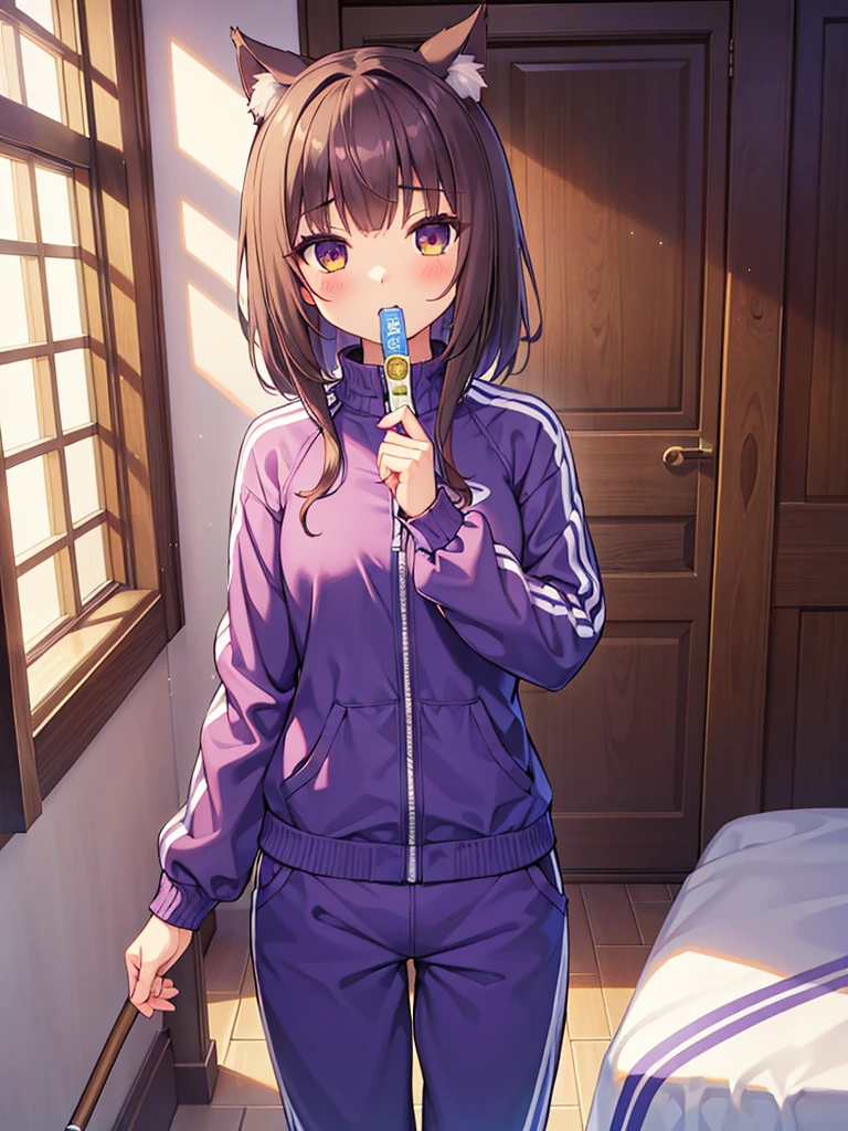 1girl, azuki (nekopara), wearing violet's 2005 blue tracksuit, high res, holding a stick of gum, inventing room, ultrasharp, 8K