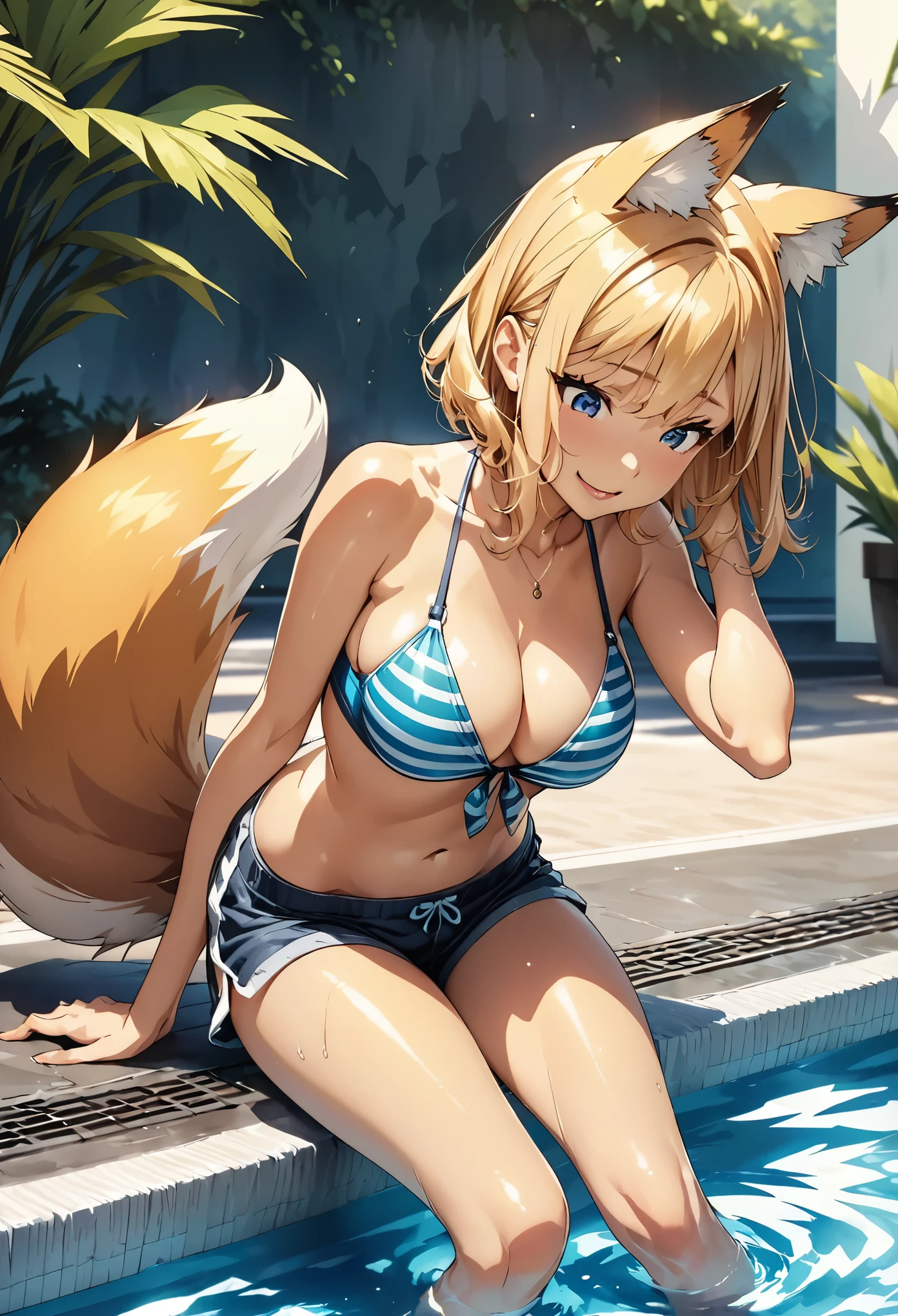 (Highest quality:1.24, Very detailed, Anime illustration, Detailed illustrations, High detail, masterpiece:1.2, Highest quality, Best aesthetics), (High resolution:1.4), shorts, One girl, Laughing with your mouth open:1.1, tail,animal_ear, Swimwear, short_shorts, Striped, bikini, Fox_ear, alone, Fox_tail, Striped_bikini, Pool, Shiny Hair, Beautiful Skin, Detailed face and eyes, Glossy Lips, Curvy Women, Slender body, Beautiful breasts:1.4, (Crouch down, Sit down, Hands behind head)