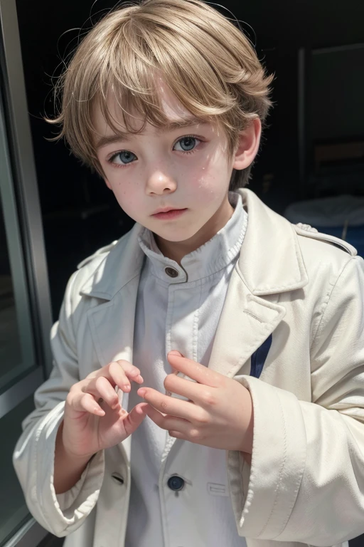A boy with a white coat and the sleeves covered his little hands,The boy's hair was brown and short,his small eyes were yellow like the sun,your dark jeans are wide,wore comfortable shoes,the boy was at school and on a bench.