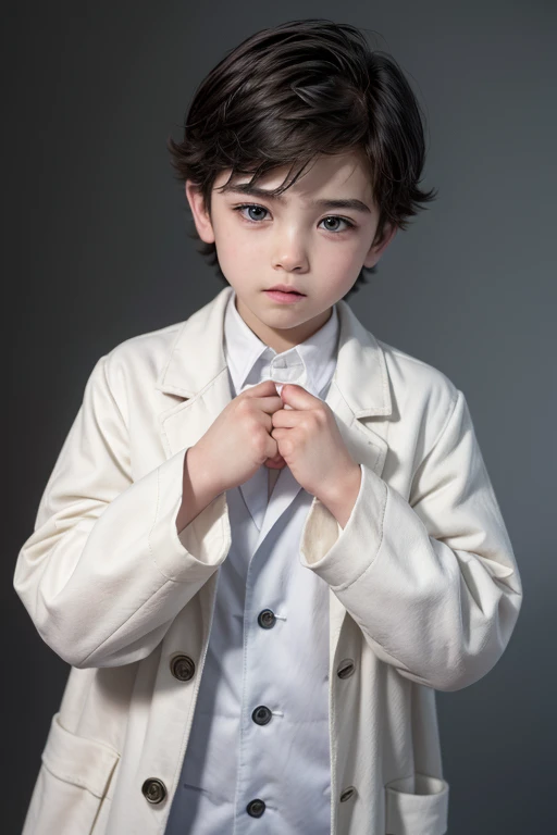 A boy with a white coat and the sleeves covered his little hands,The boy's hair was brown and short,his small eyes were yellow like the sun,your dark jeans are wide,wore comfortable shoes,the boy was at school and on a bench.