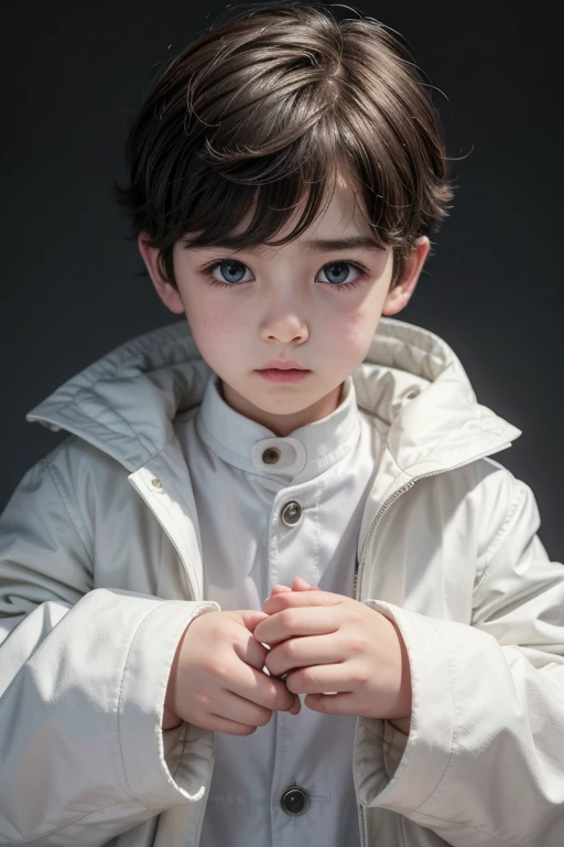 A boy with a white coat and the sleeves covered his little hands,The boy's hair was brown and short,his small eyes were yellow like the sun,your dark jeans are wide,wore comfortable shoes,the boy was at school and on a bench.