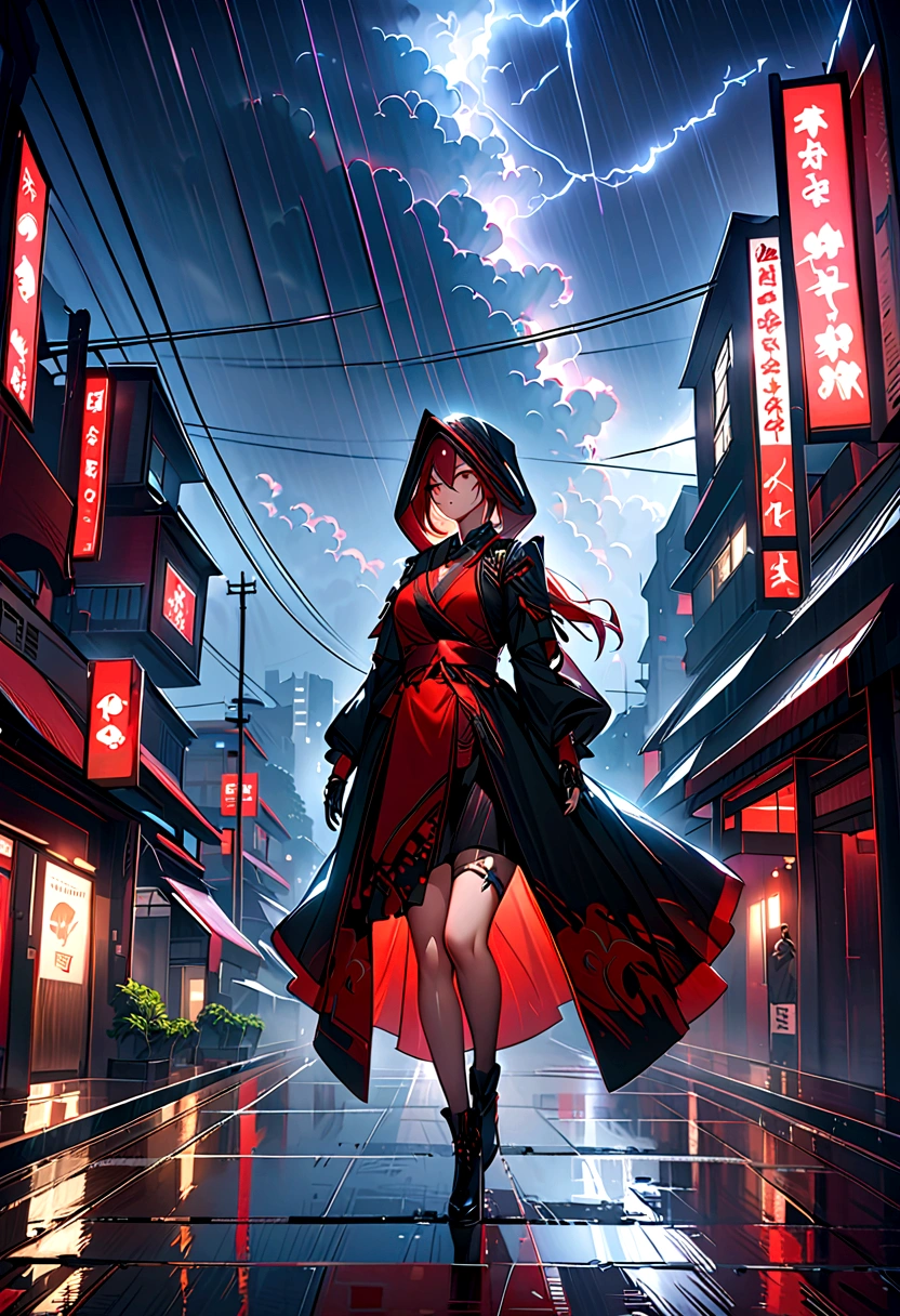1 Japanese girl, Warframe, Complex patterns, heavy metal, Energy Line, The Faceless, Glowing eyes, elegant, intense, Blood red and black, Solitary, Modern, City, street, dark clouds, thunderstorm, Heavy rain,, Dramatic Lighting,, (masterpiece:1.2), best quality, high resolution,   Beautiful and detailed, Extremely detailed, Perfect lighting,