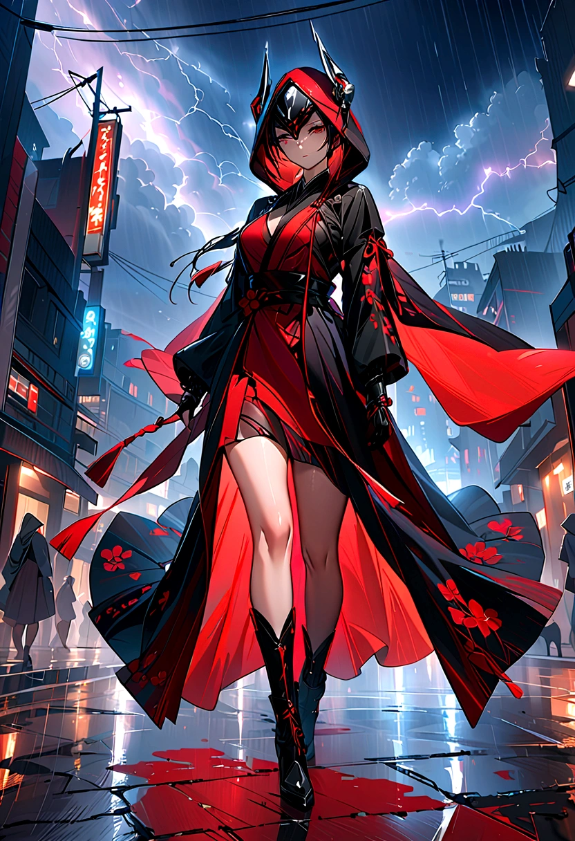 1 Japanese girl, Warframe, Complex patterns, heavy metal, Energy Line, The Faceless, Glowing eyes, elegant, intense, Blood red and black, Solitary, Modern, City, street, dark clouds, thunderstorm, Heavy rain,, Dramatic Lighting,, (masterpiece:1.2), best quality, high resolution,   Beautiful and detailed, Extremely detailed, Perfect lighting,