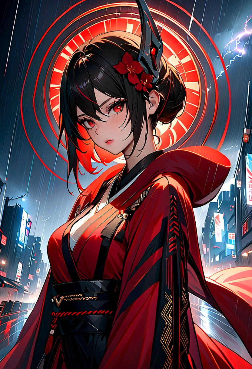 1 Japanese girl, Warframe, Complex patterns, heavy metal, Energy Line, The Faceless, Glowing eyes, elegant, intense, Blood red and black, Solitary, Modern, City, street, dark clouds, thunderstorm, Heavy rain,, Dramatic Lighting,, (masterpiece:1.2), best quality, high resolution, Beautiful and detailed, Extremely detailed, Perfect lighting,