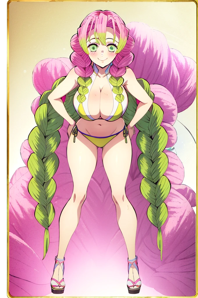 (masterpiece, best quality),  intricate details,
MitsuriKanroji, kanroji mitsuri, 1girl, solo, long hair, winking, green eyes, pink hair, green hair, twin braids, smile, cute smile, blushed smile, blush, blushing, large , huge breastni top, collarbone, neck, bare shoulders, yellow bikini top, cleavage, fullong legs, cameltoe, cowboy shot, plain background, white background, photoshoot, perfect shot, perfect framing, full body shot, bending over, side shot