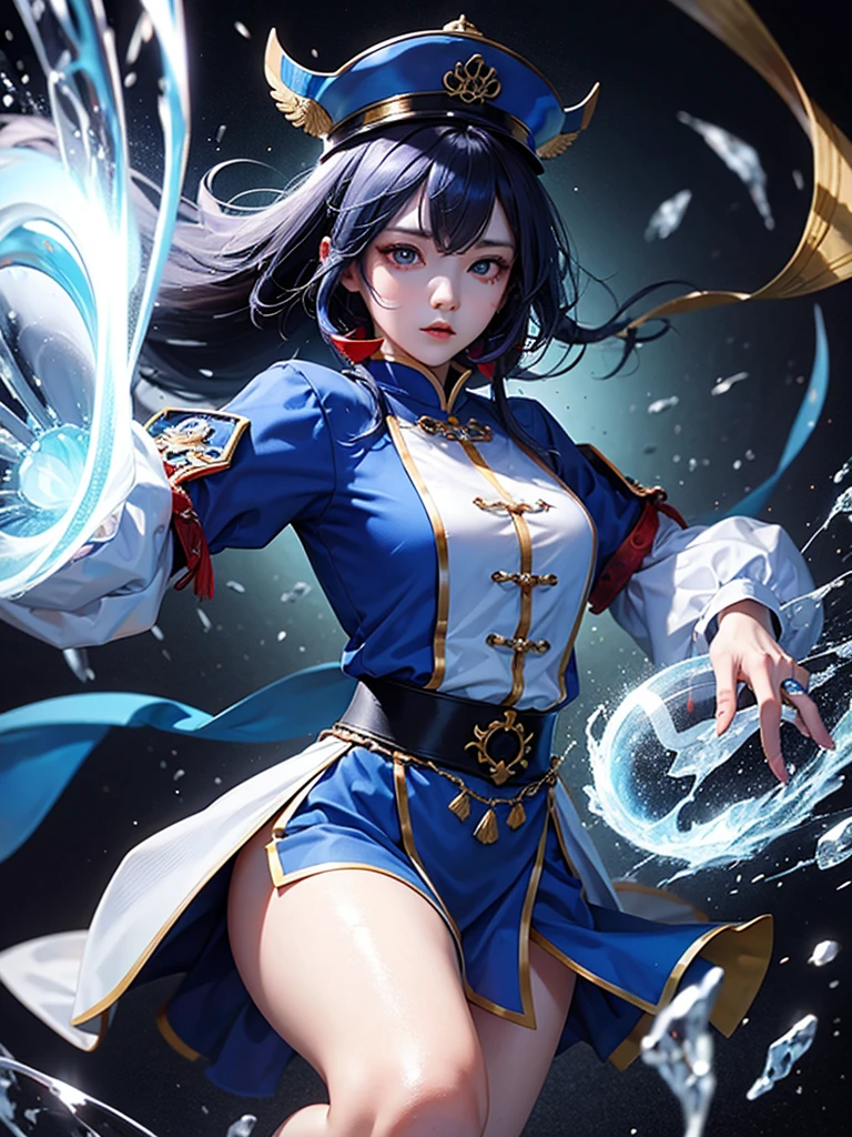 Jiangshi girl wearing blue uniform attacking with ice magic with long hair