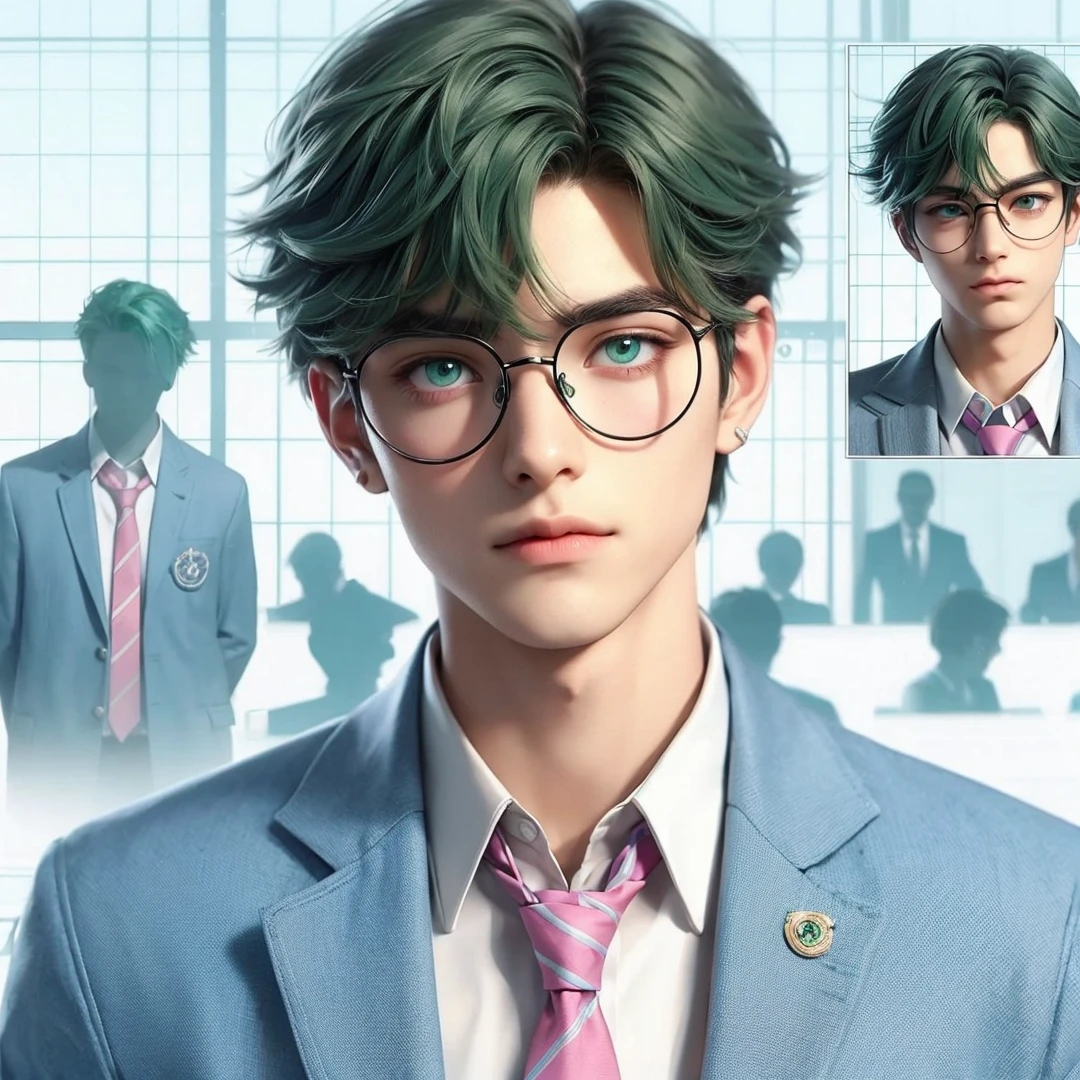 Handsome boy, green hair, green eyes, wearing light blue with pink necktie, wearing black round eyeglass