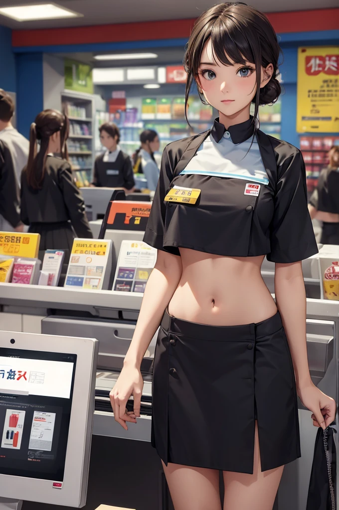 Cashier girl, (((crop top cashier uniform))), (name tag on the chest),   convenience store, behind the cashier,  full body ,