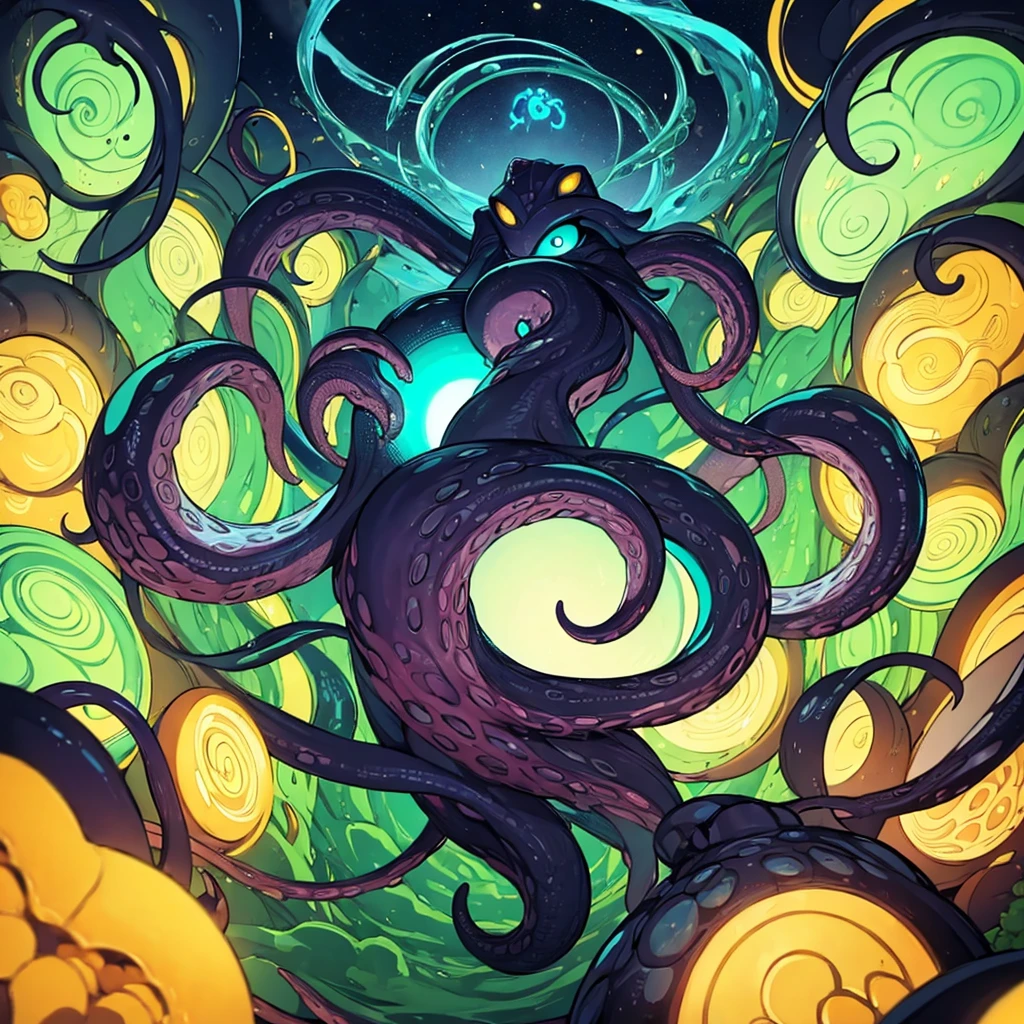 (((No humans)))、An alien tentacle creature with tentacles branching out from a central body with a single large eye、From below