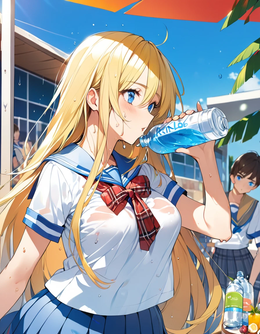 (Top quality illustrations:1.2), (pretty girl:1.1), (1 girl、、Top quality illustrations:1.2), (1 girl、Kind eyes、blue eyes:1.2)、Blonde、Semi-long hair、Mature、Beautiful breasts 、High School Uniform{Sailor suit、Short sleeve、Pleated skirt with red plaid pattern)、summer、blue sky、Sweat、profile、Drink water、PET bottles、Wet