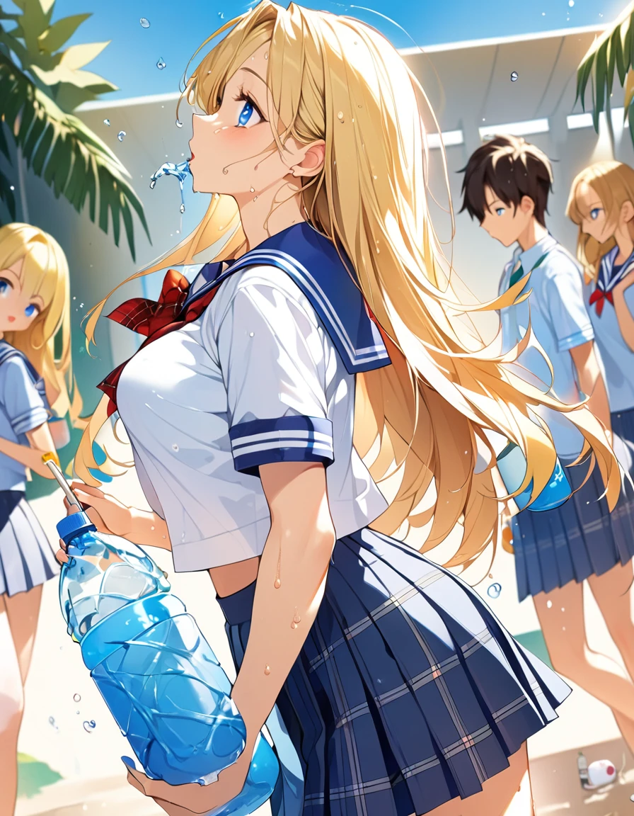 (Top quality illustrations:1.2), (pretty girl:1.1), (1 girl、17 years old、Top quality illustrations:1.2), (1 girl、Kind eyes、blue eyes:1.2)、Blonde、Semi-long hair、Mature、Beautiful breasts 、High School Uniform{Sailor suit、Short sleeve、Pleated skirt with red plaid pattern)、summer、blue sky、Sweat、profile、Drink water、PET bottles、Wet