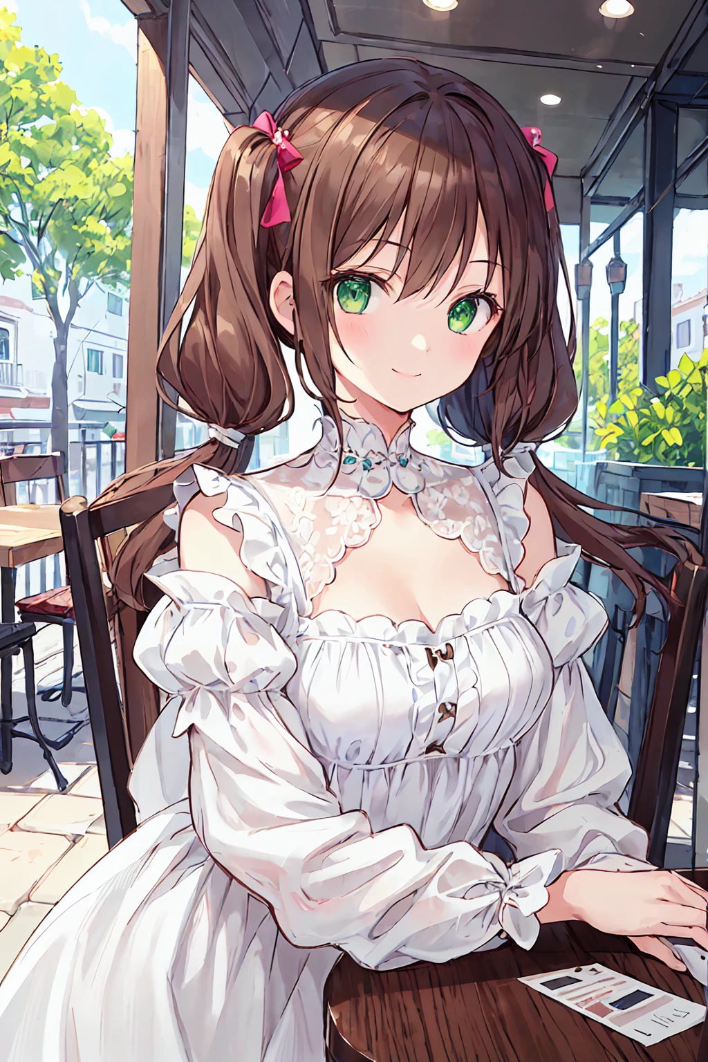 One Girl,Jewel Eyes,Beautiful arrangements and motifs、Few、Game character design、Written boundary depth , wonderful, beauty、Transparency、Game character design、(One Girl:1.0)、Brown Hair、Twin tails、Straight hair、cute、Upper Body、Green Eyes、Inside the cafe、Cafe Background、Sit on a chair,(White dress:1.5)、front、smile、cool